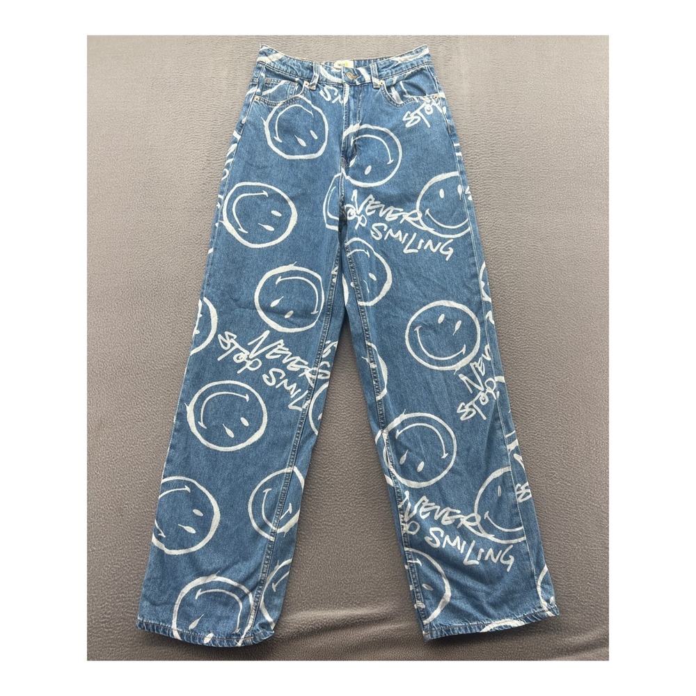 Smiley x H&M Jeans Womens 4 Wide Leg Blue Denim Never Stop Smiling Graphic Print